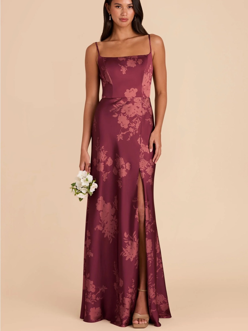 Birdy Grey Burgundy Floral Satin Maxi Dress with Side Slit